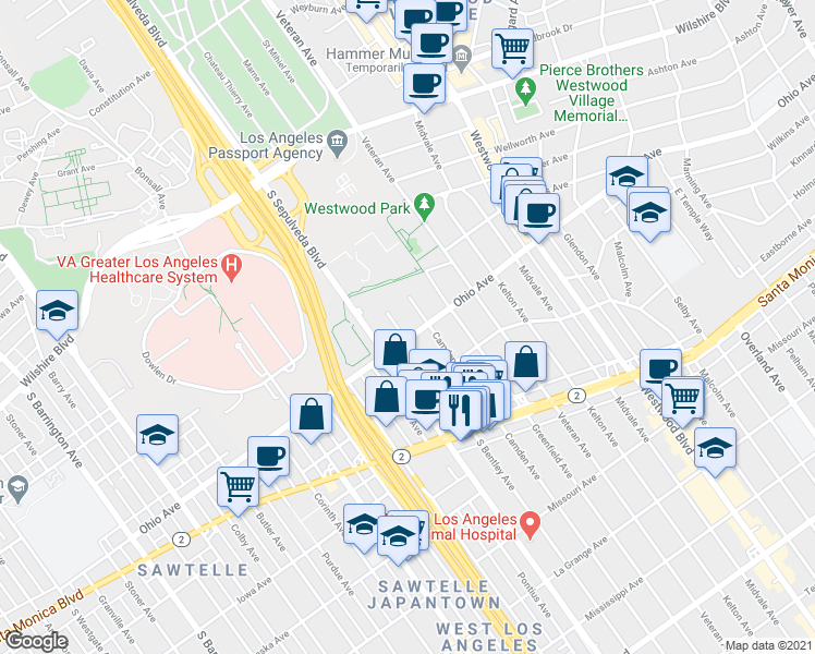 map of restaurants, bars, coffee shops, grocery stores, and more near 1422 South Bentley Avenue in Los Angeles