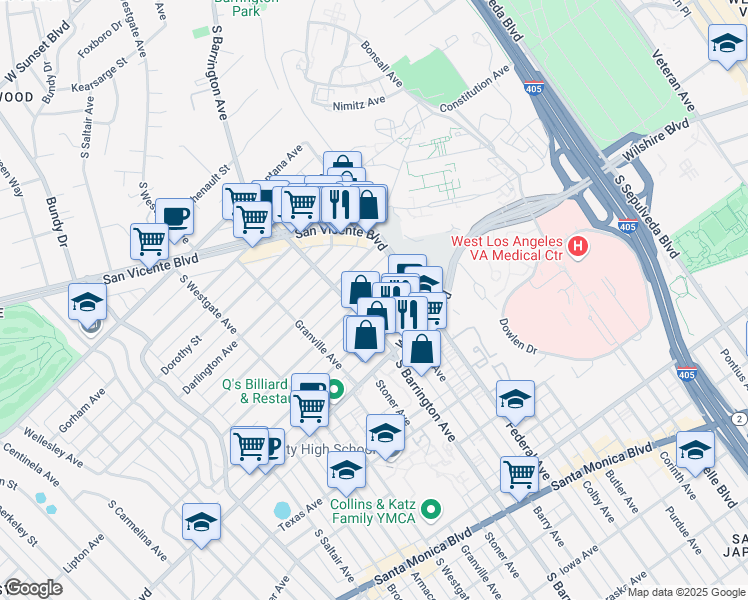 map of restaurants, bars, coffee shops, grocery stores, and more near 11646 Kiowa Avenue in Los Angeles