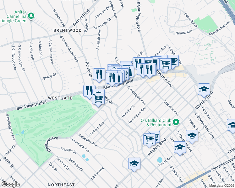 map of restaurants, bars, coffee shops, grocery stores, and more near 11961 Montana Avenue in Los Angeles