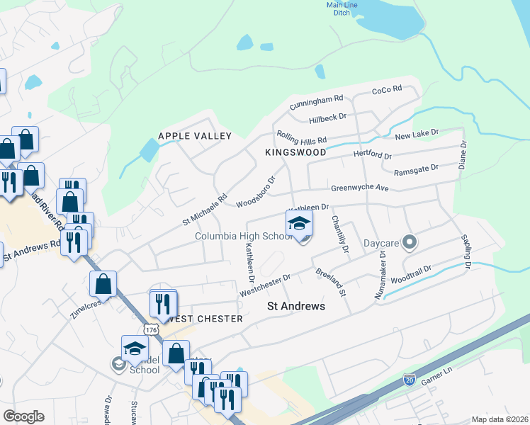 map of restaurants, bars, coffee shops, grocery stores, and more near 1838 Woodsboro Drive in Columbia