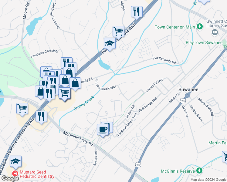 map of restaurants, bars, coffee shops, grocery stores, and more near 4030 Brushy Creek Way in Suwanee