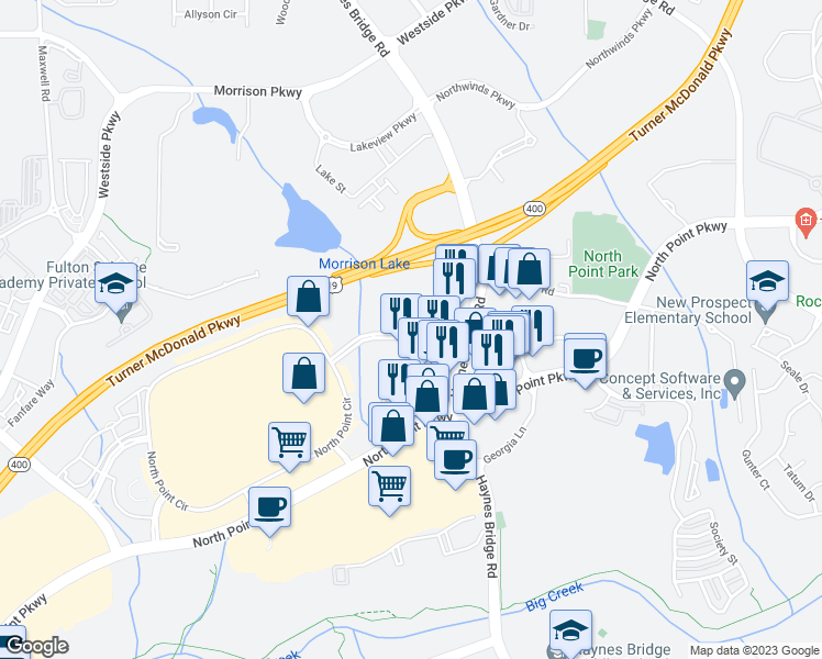 map of restaurants, bars, coffee shops, grocery stores, and more near 1275 North Point Drive in Alpharetta