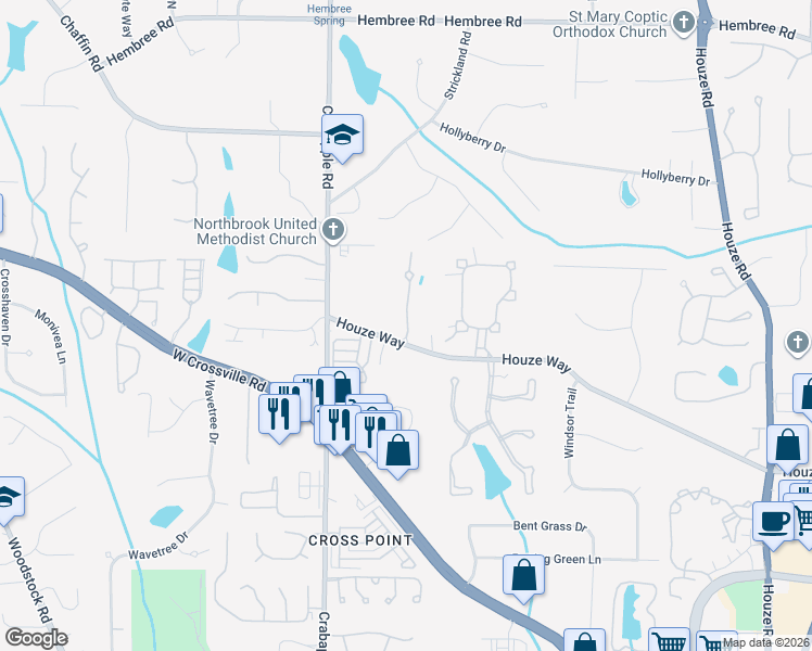 map of restaurants, bars, coffee shops, grocery stores, and more near 125 Newcastle Court in Roswell