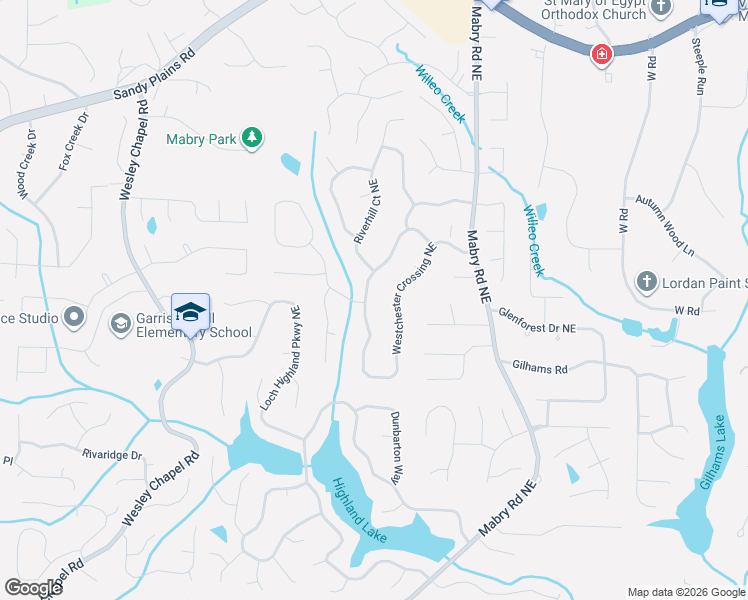 map of restaurants, bars, coffee shops, grocery stores, and more near 4128 Westchester Crossing Northeast in Roswell