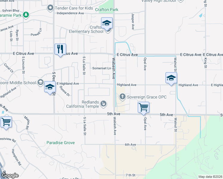 map of restaurants, bars, coffee shops, grocery stores, and more near 212 Eastpark Lane in Redlands