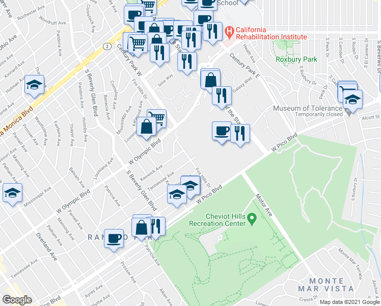 map of restaurants, bars, coffee shops, grocery stores, and more near Fox Hills Drive in Los Angeles