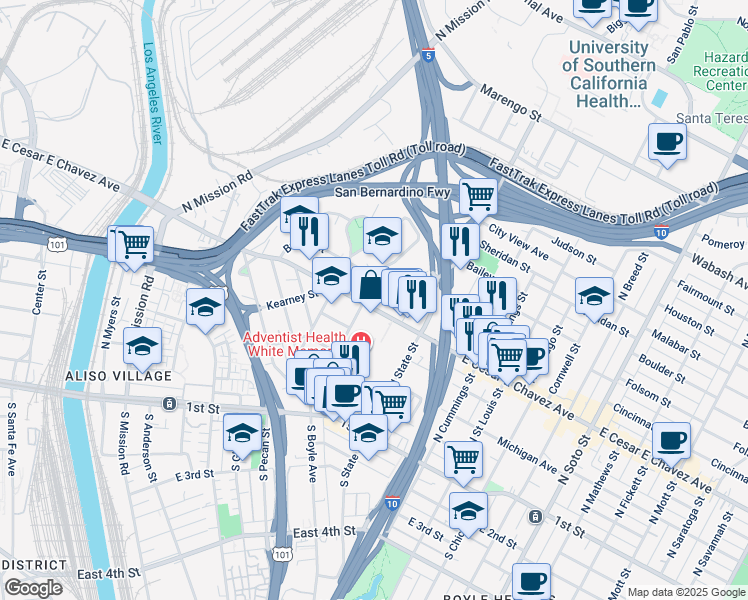 map of restaurants, bars, coffee shops, grocery stores, and more near 1701 East Cesar E Chavez Avenue in Los Angeles