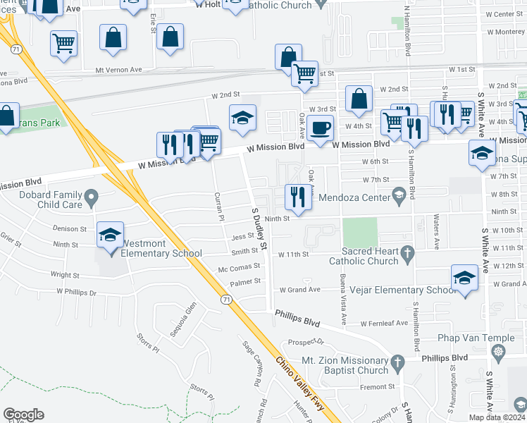 map of restaurants, bars, coffee shops, grocery stores, and more near 886 South Dudley Street in Pomona