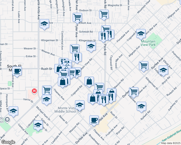 map of restaurants, bars, coffee shops, grocery stores, and more near 2101 Cogswell Road in South El Monte