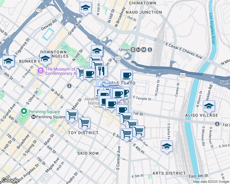 map of restaurants, bars, coffee shops, grocery stores, and more near Judge John Aiso Street in Los Angeles