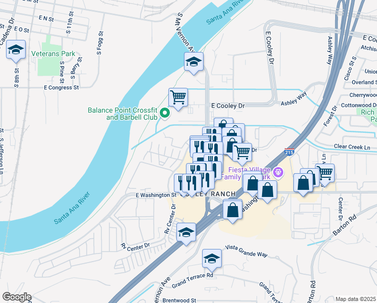 map of restaurants, bars, coffee shops, grocery stores, and more near 1154 South Santo Antonio Drive in Colton
