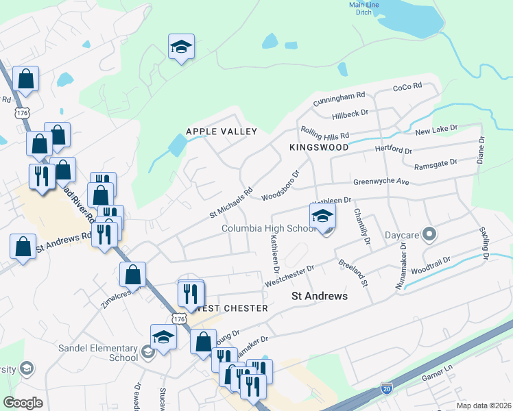 map of restaurants, bars, coffee shops, grocery stores, and more near 1818 Woodsboro Drive in Columbia