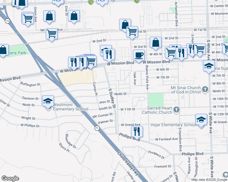 map of restaurants, bars, coffee shops, grocery stores, and more near 886 South Dudley Street in Pomona