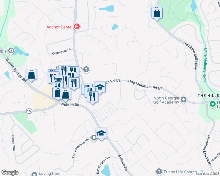 map of restaurants, bars, coffee shops, grocery stores, and more near 2978 Hog Mountain Road in Dacula