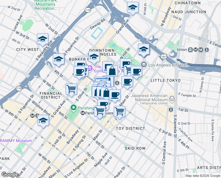 map of restaurants, bars, coffee shops, grocery stores, and more near 245 South Broadway in Los Angeles