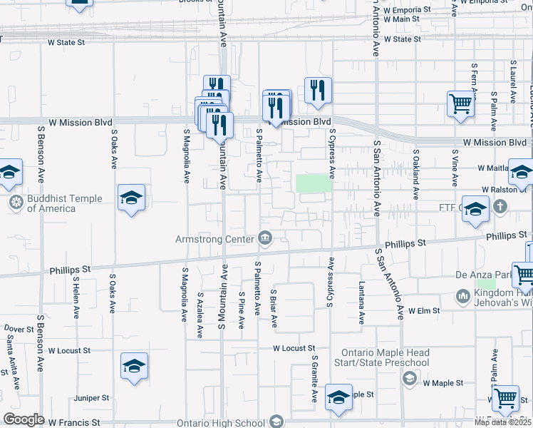 map of restaurants, bars, coffee shops, grocery stores, and more near 1205 South Palmetto Avenue in Ontario