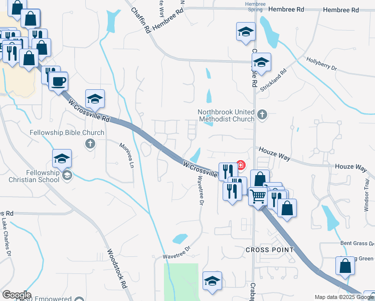 map of restaurants, bars, coffee shops, grocery stores, and more near 2024 Towneship Way in Roswell