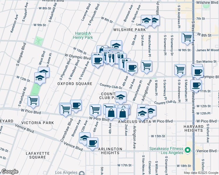 map of restaurants, bars, coffee shops, grocery stores, and more near 3816 Country Club Drive in Los Angeles