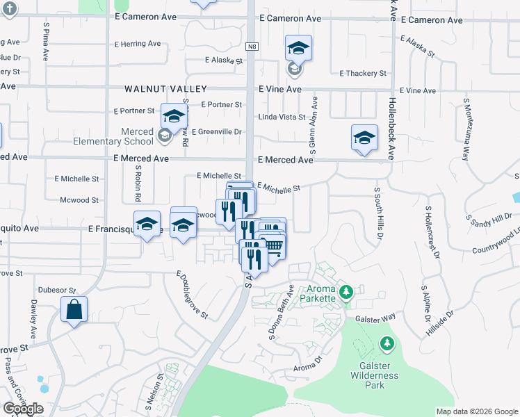 map of restaurants, bars, coffee shops, grocery stores, and more near 1812 East Cajon Circle in West Covina