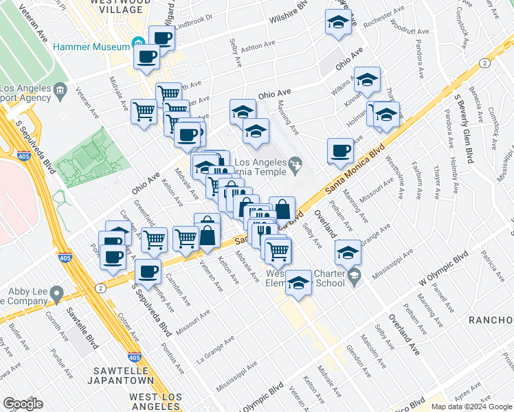 map of restaurants, bars, coffee shops, grocery stores, and more near 1717 Malcolm Avenue in Los Angeles