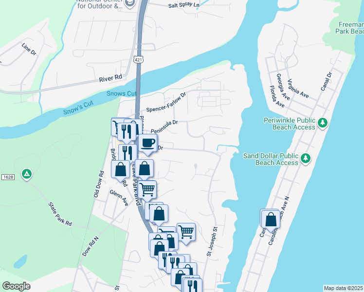 map of restaurants, bars, coffee shops, grocery stores, and more near 410 Lewis Drive in Carolina Beach