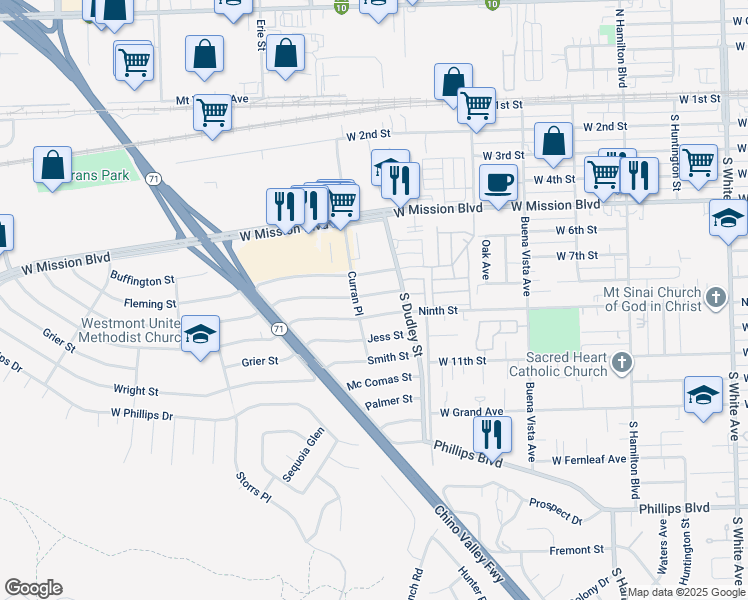 map of restaurants, bars, coffee shops, grocery stores, and more near 1564 Meserve Street in Pomona