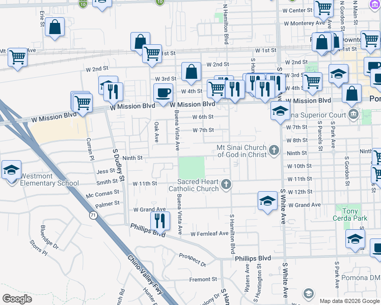 map of restaurants, bars, coffee shops, grocery stores, and more near 1255 West 9th Street in Pomona