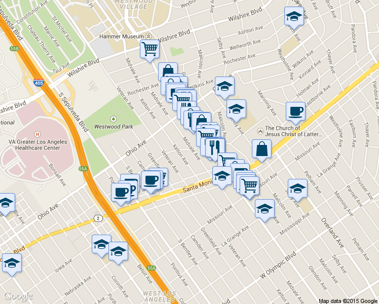map of restaurants, bars, coffee shops, grocery stores, and more near 1701 Midvale Avenue in Los Angeles