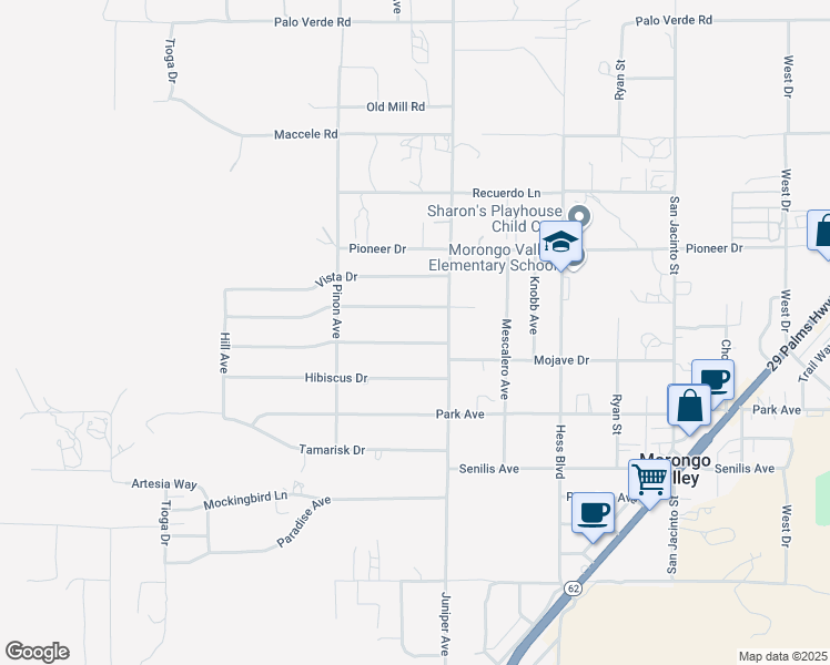 map of restaurants, bars, coffee shops, grocery stores, and more near 49260 Mojave Drive in Morongo Valley