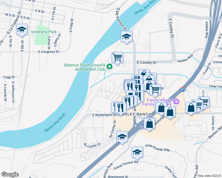map of restaurants, bars, coffee shops, grocery stores, and more near 1077 South Santo Antonio Drive in Colton