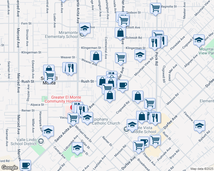 map of restaurants, bars, coffee shops, grocery stores, and more near 1929 Tyler Avenue in South El Monte