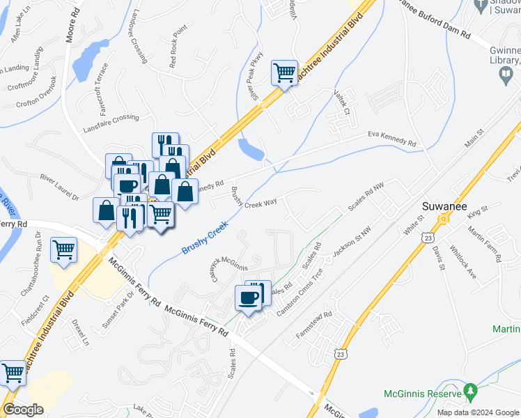 map of restaurants, bars, coffee shops, grocery stores, and more near 4060 Brushy Creek Way in Suwanee