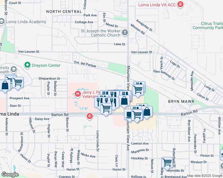 map of restaurants, bars, coffee shops, grocery stores, and more near 25590 Prospect Avenue in Loma Linda