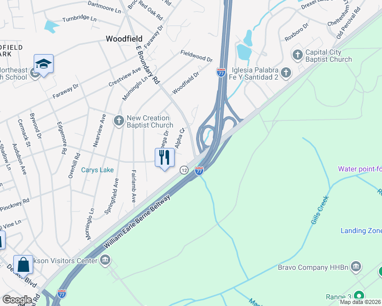 map of restaurants, bars, coffee shops, grocery stores, and more near 1805 East Boundary Road in Columbia