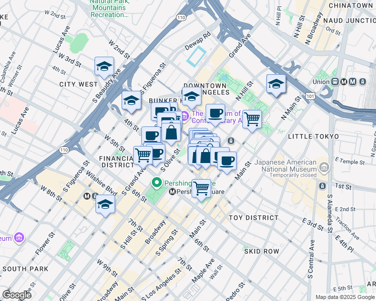 map of restaurants, bars, coffee shops, grocery stores, and more near 350 South Grand Avenue in Los Angeles