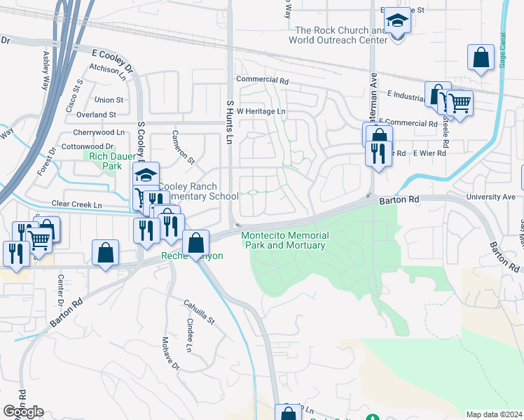 map of restaurants, bars, coffee shops, grocery stores, and more near 2736 Franklin Court in San Bernardino