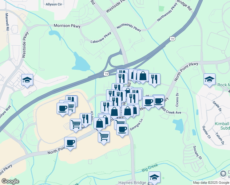 map of restaurants, bars, coffee shops, grocery stores, and more near 124 Downing Drive in Alpharetta