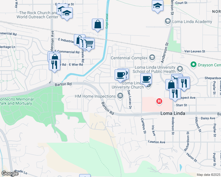 map of restaurants, bars, coffee shops, grocery stores, and more near 11135 Yardley Place in Loma Linda