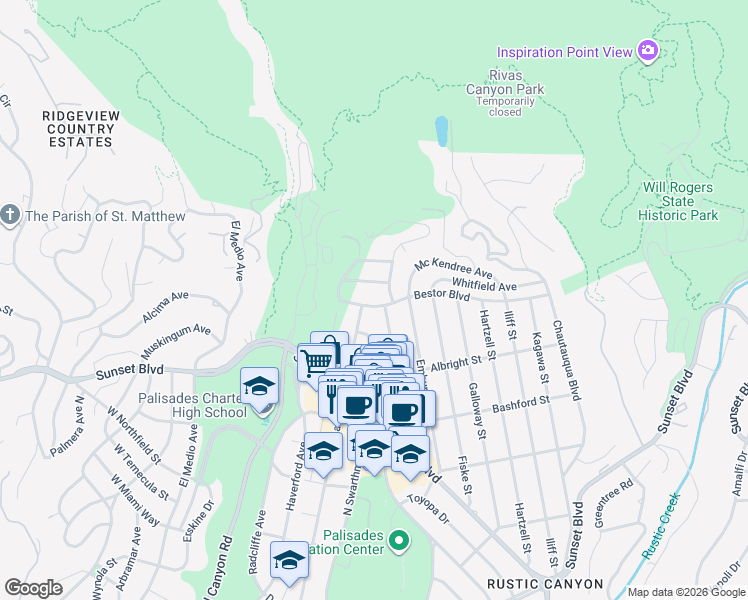 map of restaurants, bars, coffee shops, grocery stores, and more near 15291 Bestor Boulevard in Los Angeles