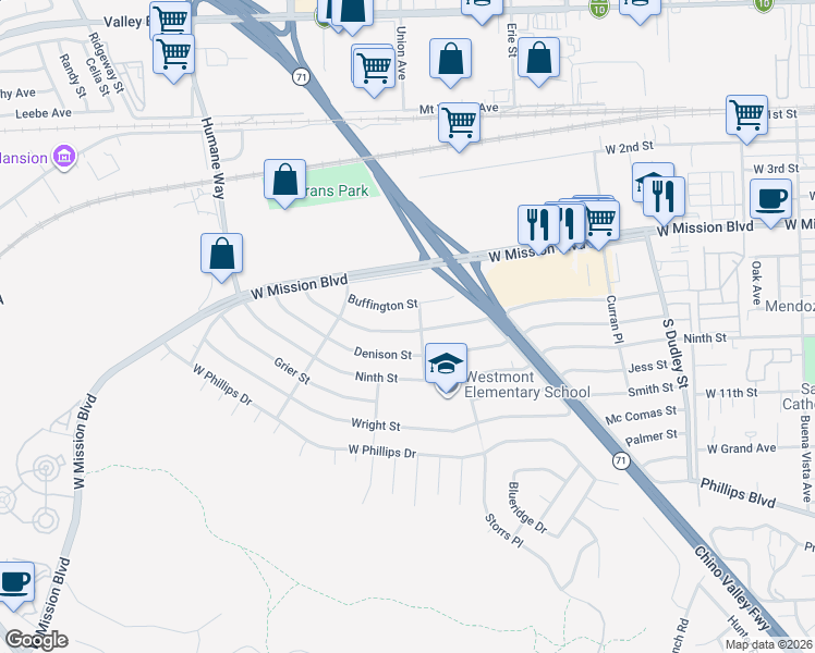 map of restaurants, bars, coffee shops, grocery stores, and more near 1811 Fleming Street in Pomona