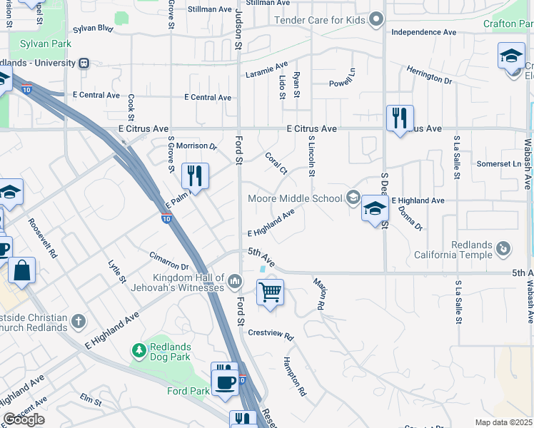 map of restaurants, bars, coffee shops, grocery stores, and more near 230 Kenwood Drive in Redlands