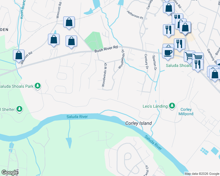 map of restaurants, bars, coffee shops, grocery stores, and more near 248 Woodwinds Drive in Columbia