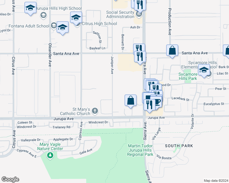 map of restaurants, bars, coffee shops, grocery stores, and more near 11145 Juniper Avenue in Fontana