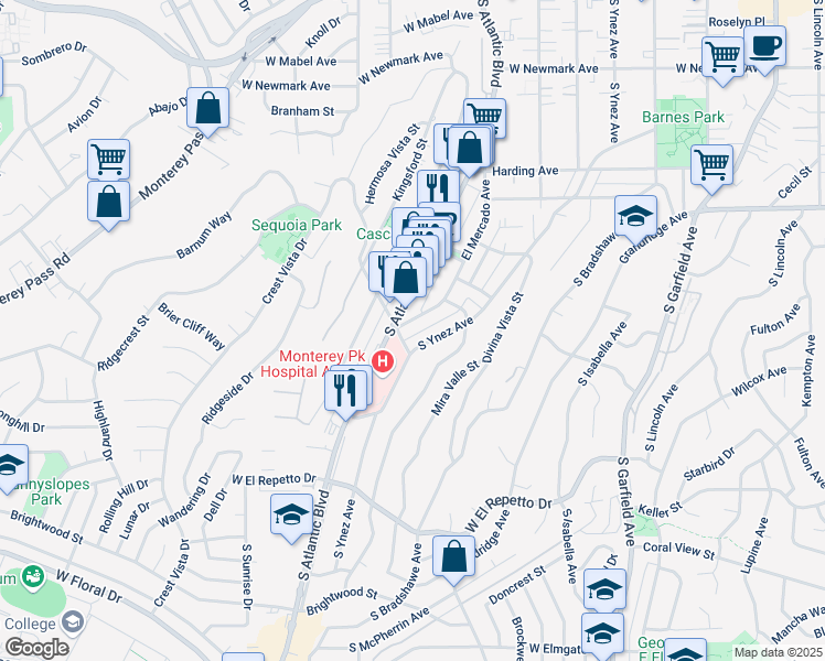 map of restaurants, bars, coffee shops, grocery stores, and more near 842 El Mercado Avenue in Monterey Park