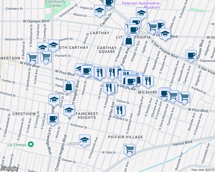 map of restaurants, bars, coffee shops, grocery stores, and more near 5910 West Pico Boulevard in Los Angeles
