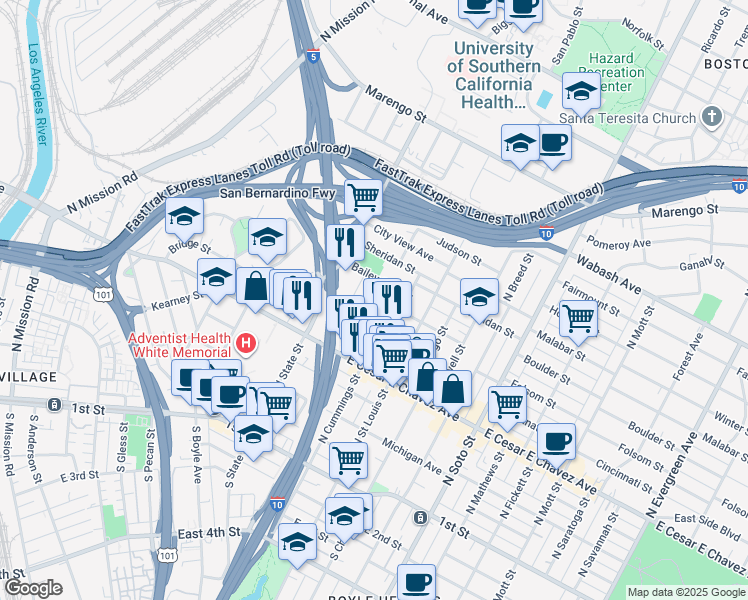 map of restaurants, bars, coffee shops, grocery stores, and more near 629 3/4 Brittania Street in Los Angeles