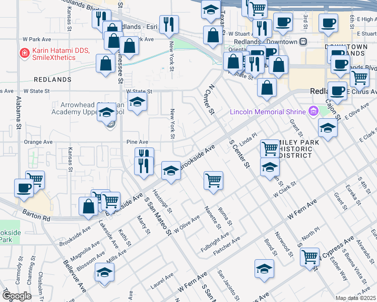map of restaurants, bars, coffee shops, grocery stores, and more near 930 Palmbrook Drive in Redlands