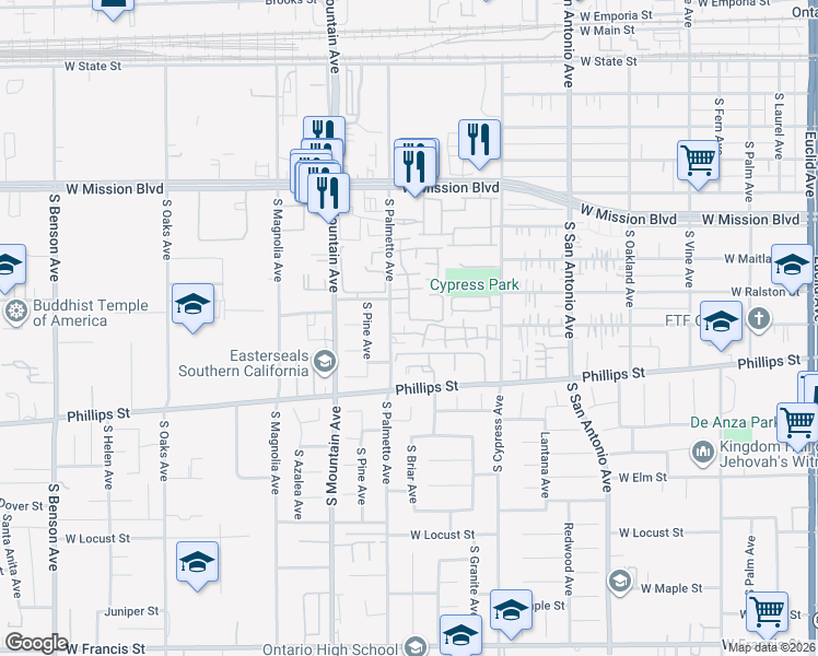 map of restaurants, bars, coffee shops, grocery stores, and more near 1209 South Palmetto Avenue in Ontario
