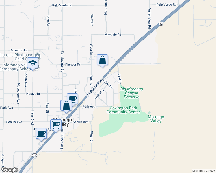 map of restaurants, bars, coffee shops, grocery stores, and more near 11045 Trail Way in Morongo Valley