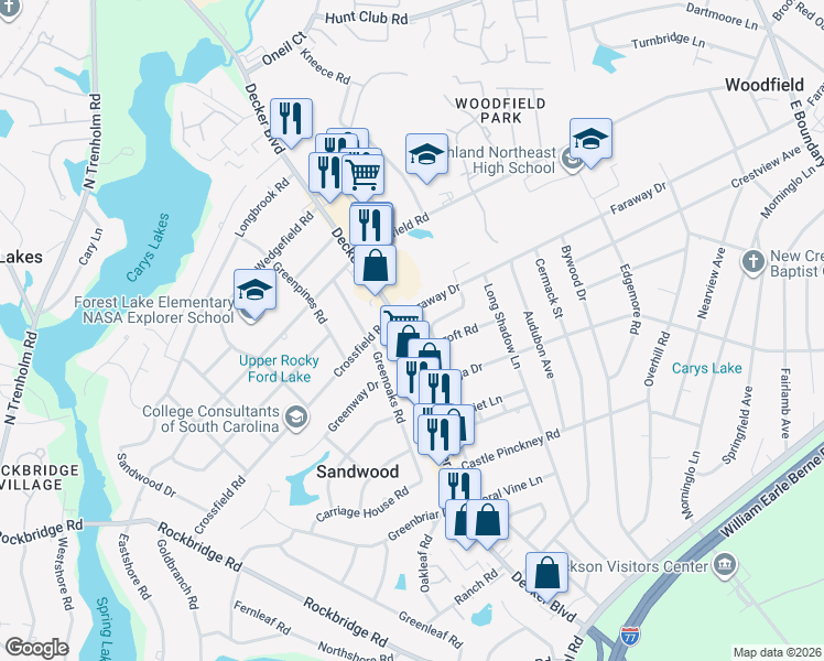 map of restaurants, bars, coffee shops, grocery stores, and more near 2210 Decker Boulevard in Columbia